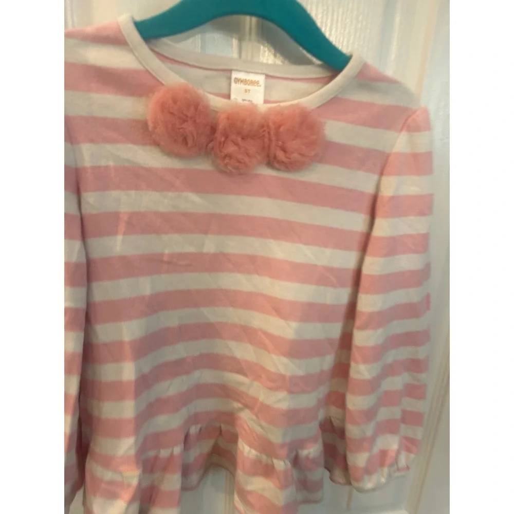 Gymboree Peplum Top Pink White Striped Pom Pom Long Sleeve Girls Shirt 5T